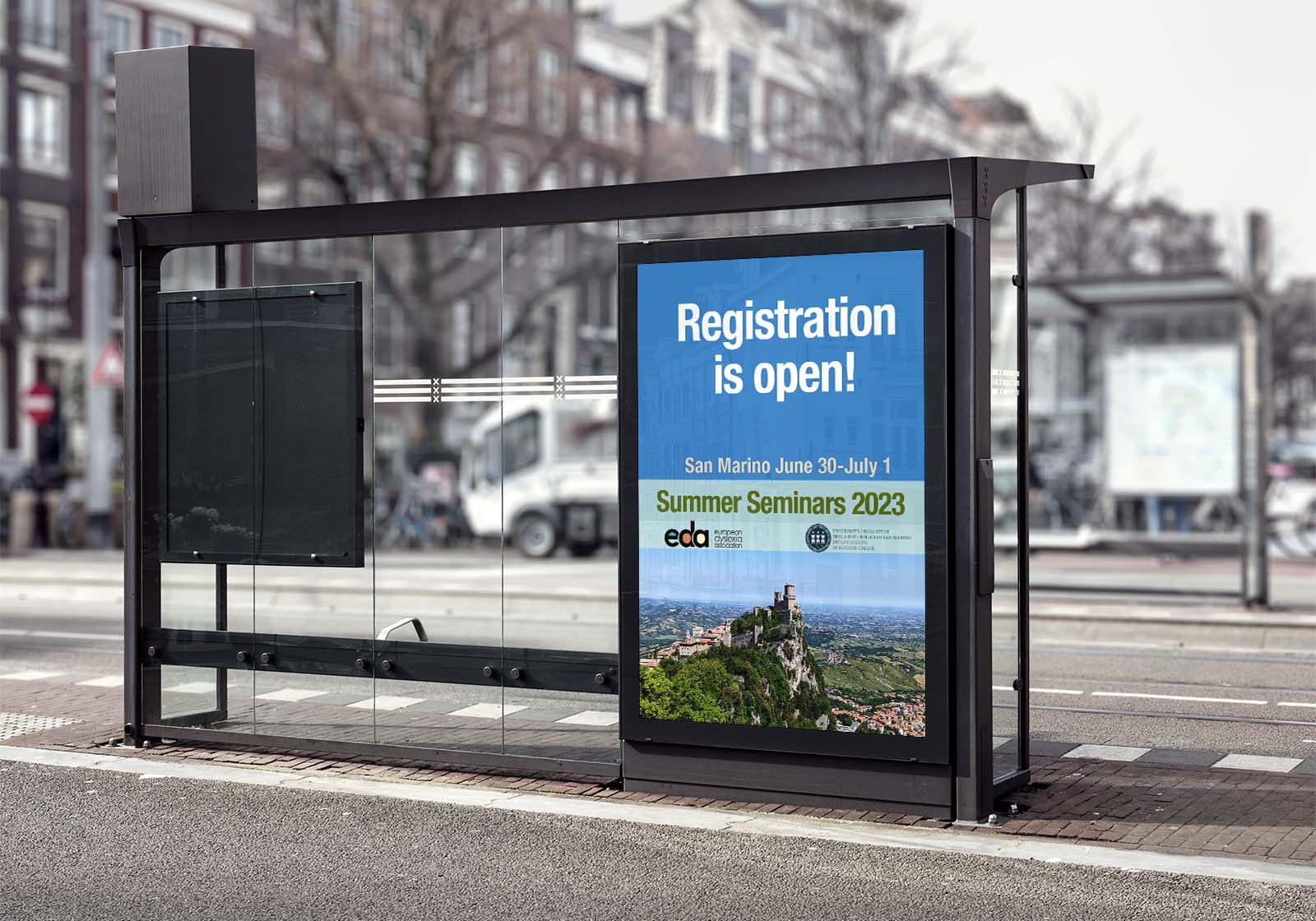 Picture of a bus stop with the registration sign